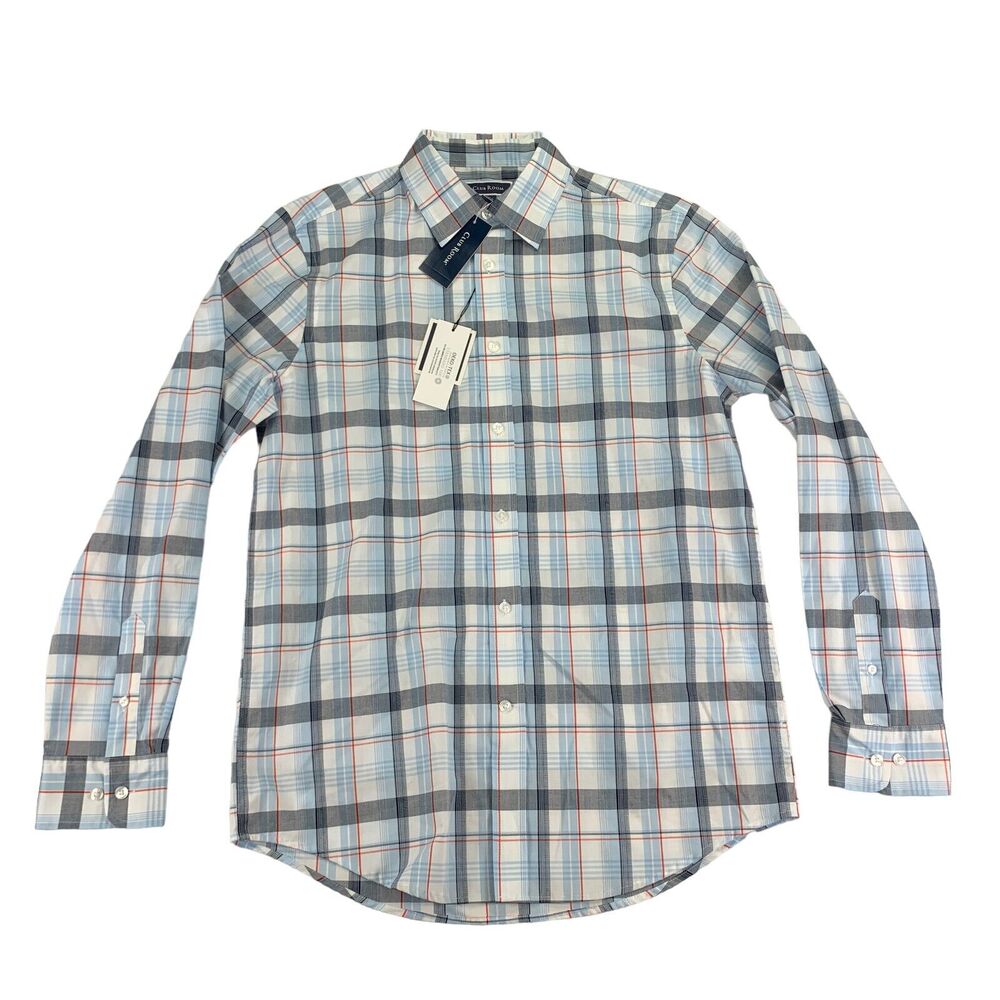 Club Room Mens Regular Fit Plaid Long Sleeve Button Down Shirt White Blue S